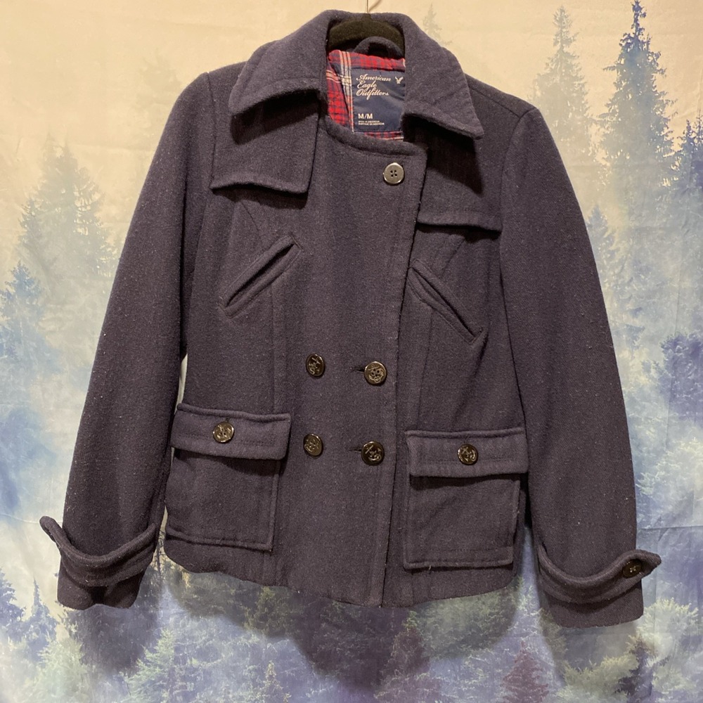 Vintage American Eagle Navy Blue Wool Blend Peacoat Jacket Plaid Lining Womens M